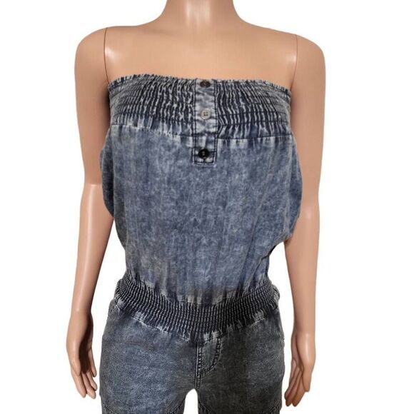 Women's sleeveless chambray smocked denim romper M - Picture 7 of 12